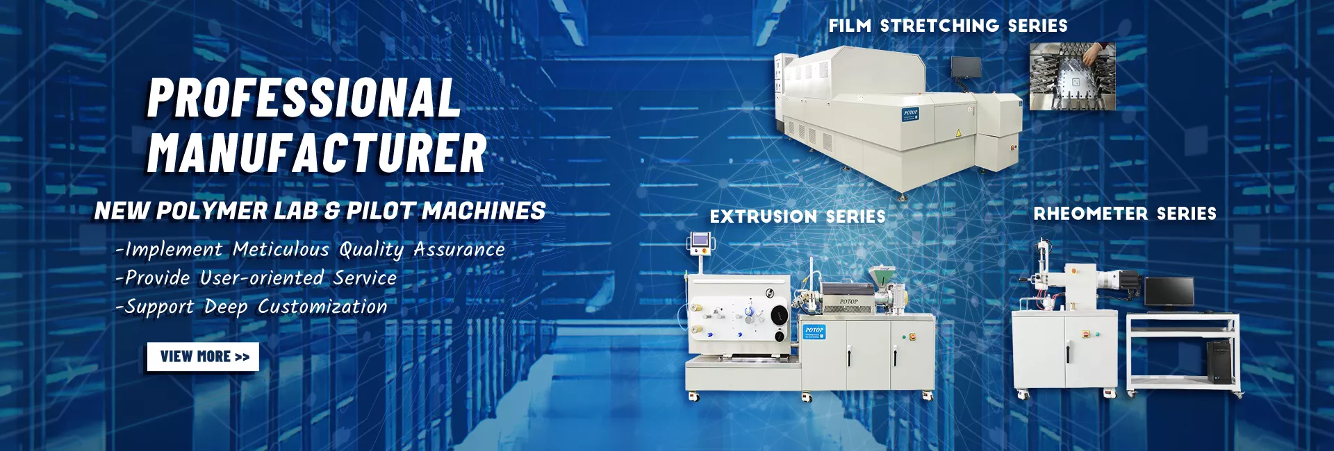 Polymer lab and pilot machines manufacturer, showing extrusion, film stretching and rheometer equipment